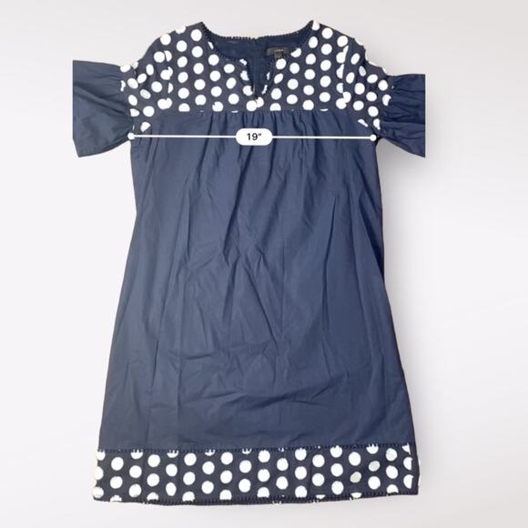 J.Crew Navy Blue White Bell Short Sleeve Fringe‎ Polka Dot Shift Dress Size 8 - Picture 4 of 7